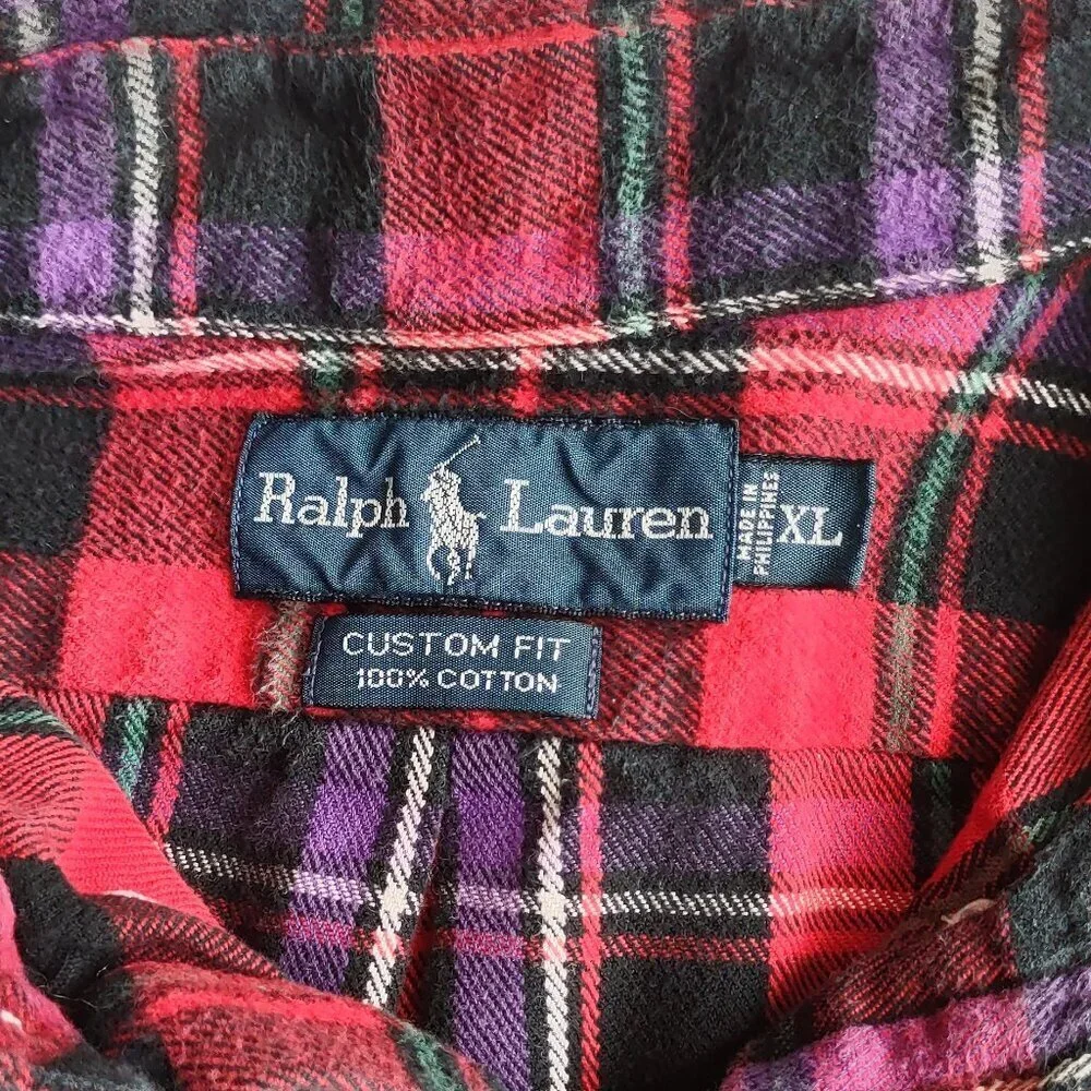 Ralph Lauren Mens Plaid Flannel Shirt Size XL Polo Pony Custom Fit Long Sleeve